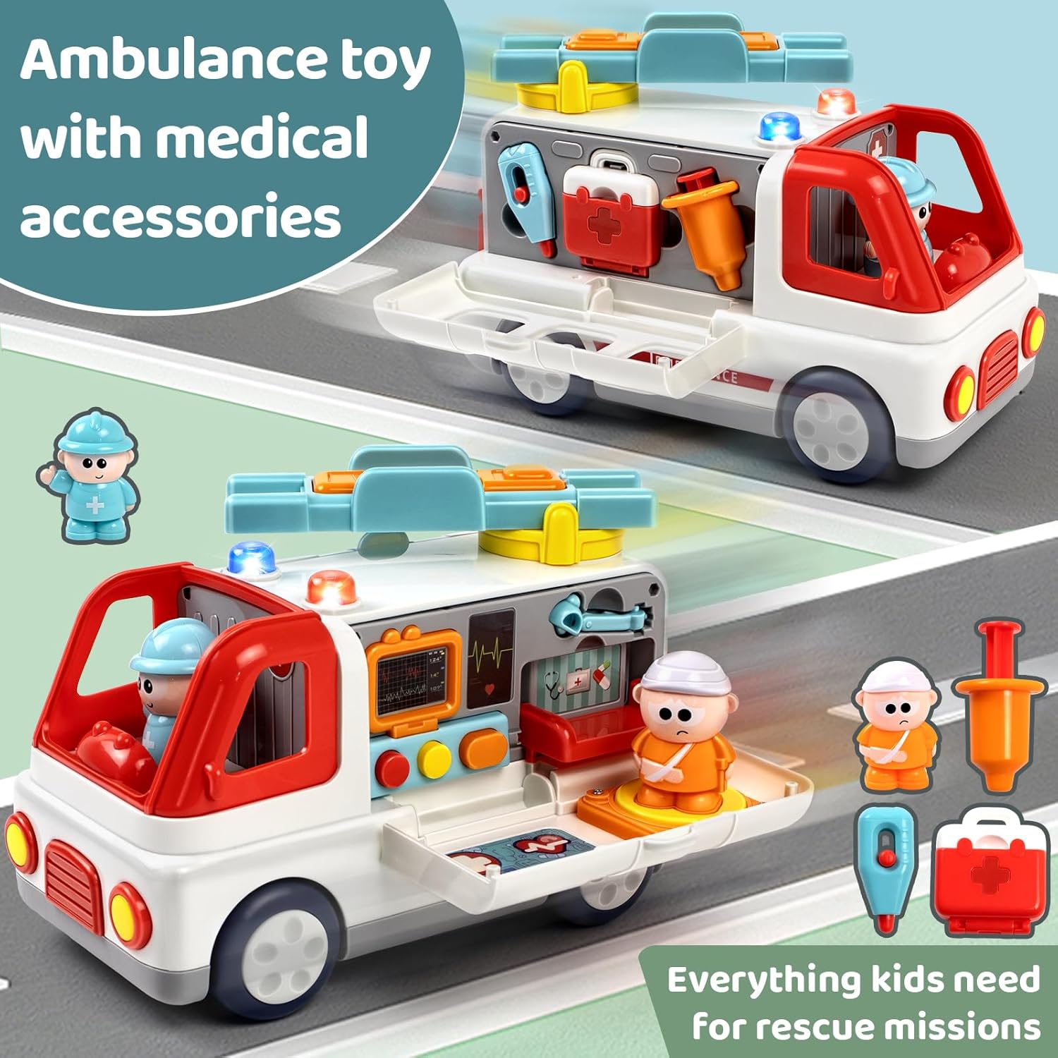 Medical Rescue Ambulance Playset Lights & Sounds, Stretcher & Doctor Kit