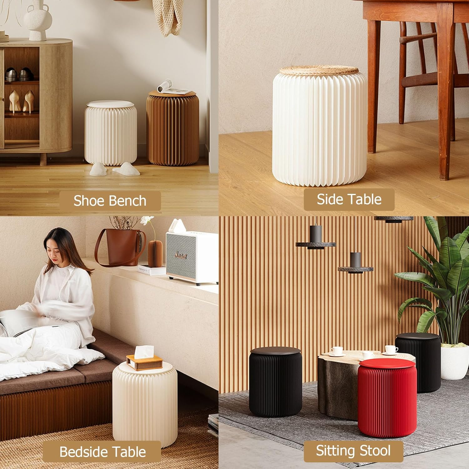 Modern Accordion Paper Stool, Lightweight Foldable Footstool & Side Table
