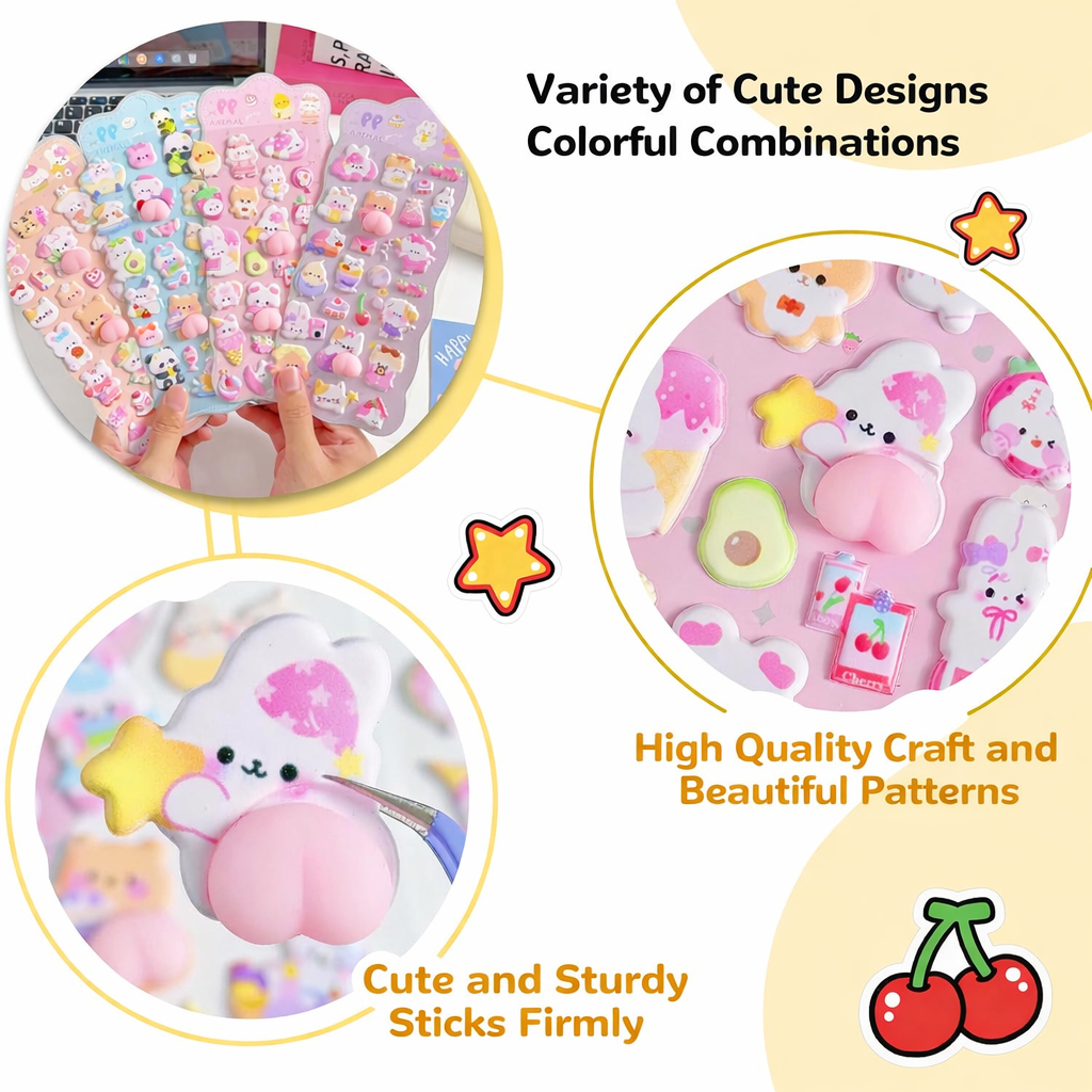 Super Cute 3D Puffy Butt Stickers – Satisfying to Press, 4-Sheet Set