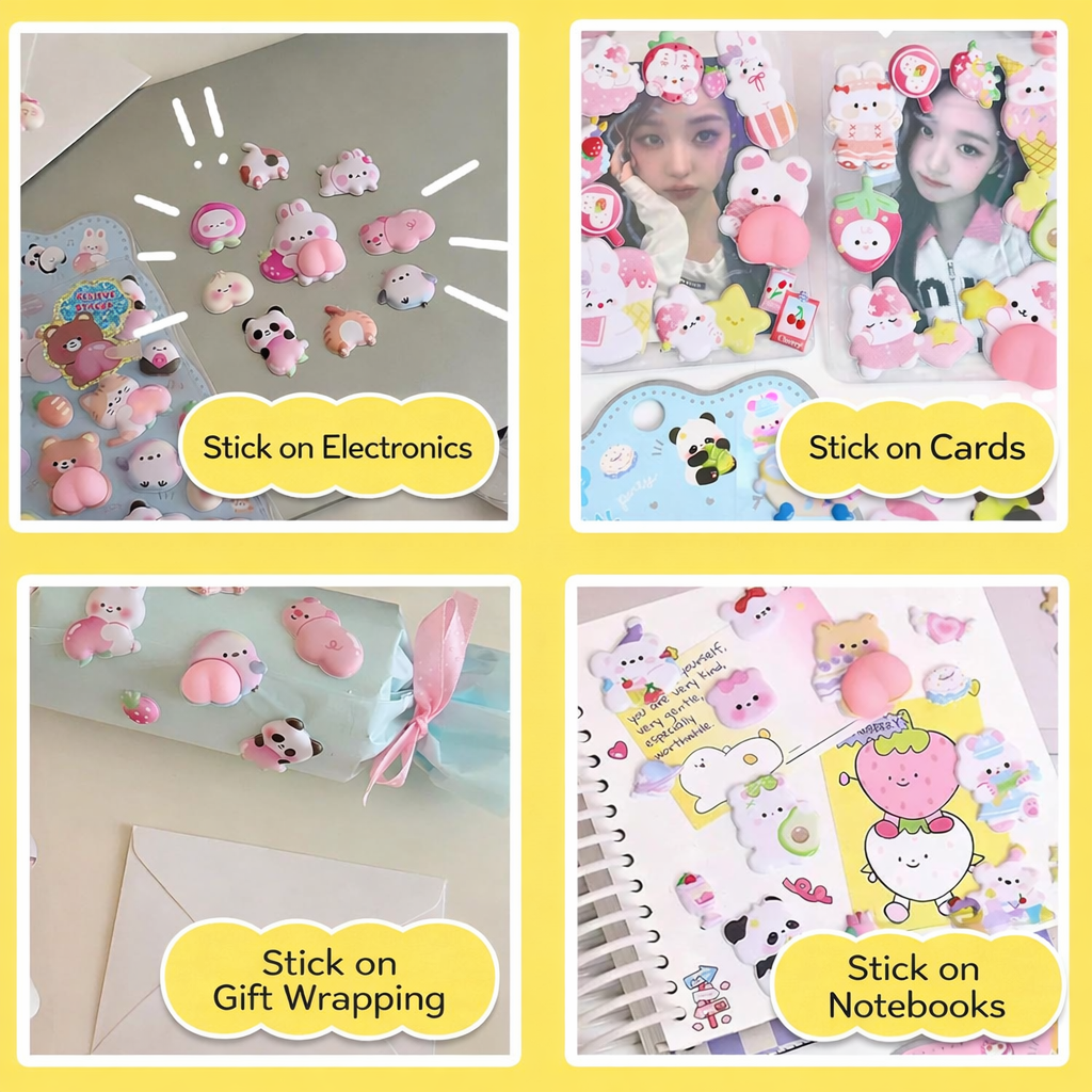 Super Cute 3D Puffy Butt Stickers – Satisfying to Press, 4-Sheet Set